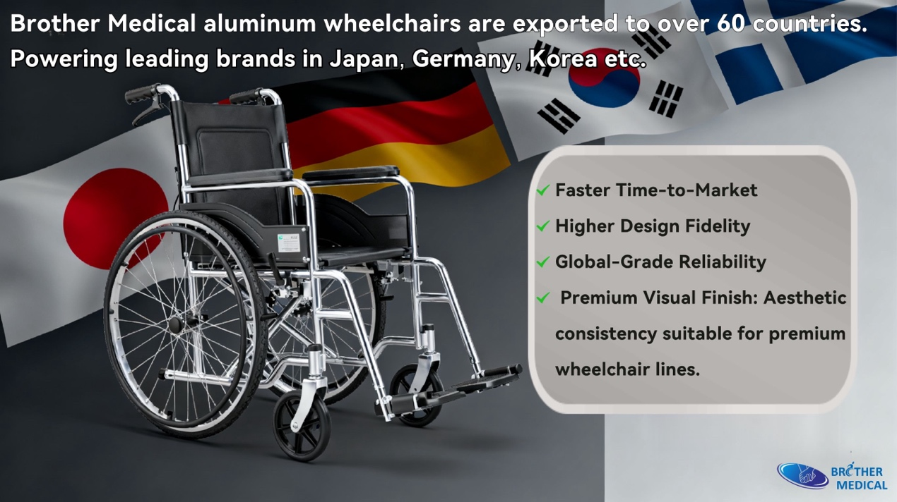 Brother Medical-Rollst&uuml;hle werden in &uuml;ber 60 L&auml;nder exportiert, schnellere Markteinf&uuml;hrung, h&ouml;here Designtreue, globale Zuverl&auml;ssigkeit, erstklassiges visuelles Finish. &Auml;sthetische Konsistenz, geeignet f&uuml;r Premium-Rollstuhllinien