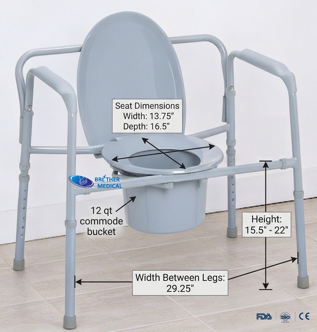Technische Ma&szlig;tabelle f&uuml;r die bariatrische Klapptoilette: 24 Zoll extrabreite Sitzbreite und einstellbare H&ouml;henangaben in Zoll.
