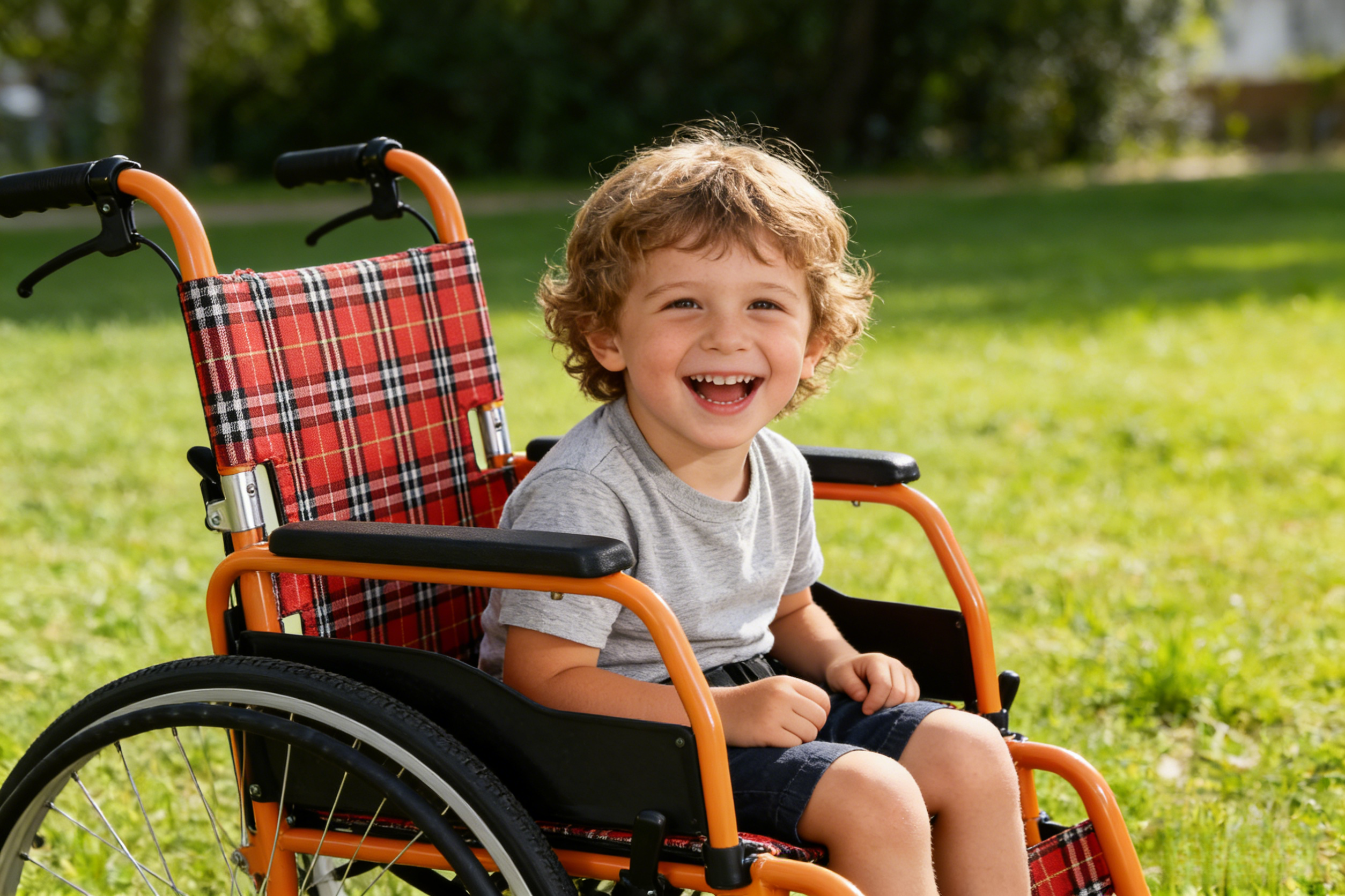 Drau&szlig;en, gl&uuml;ckliches Kind im Kinderrollstuhl von Brother Medical