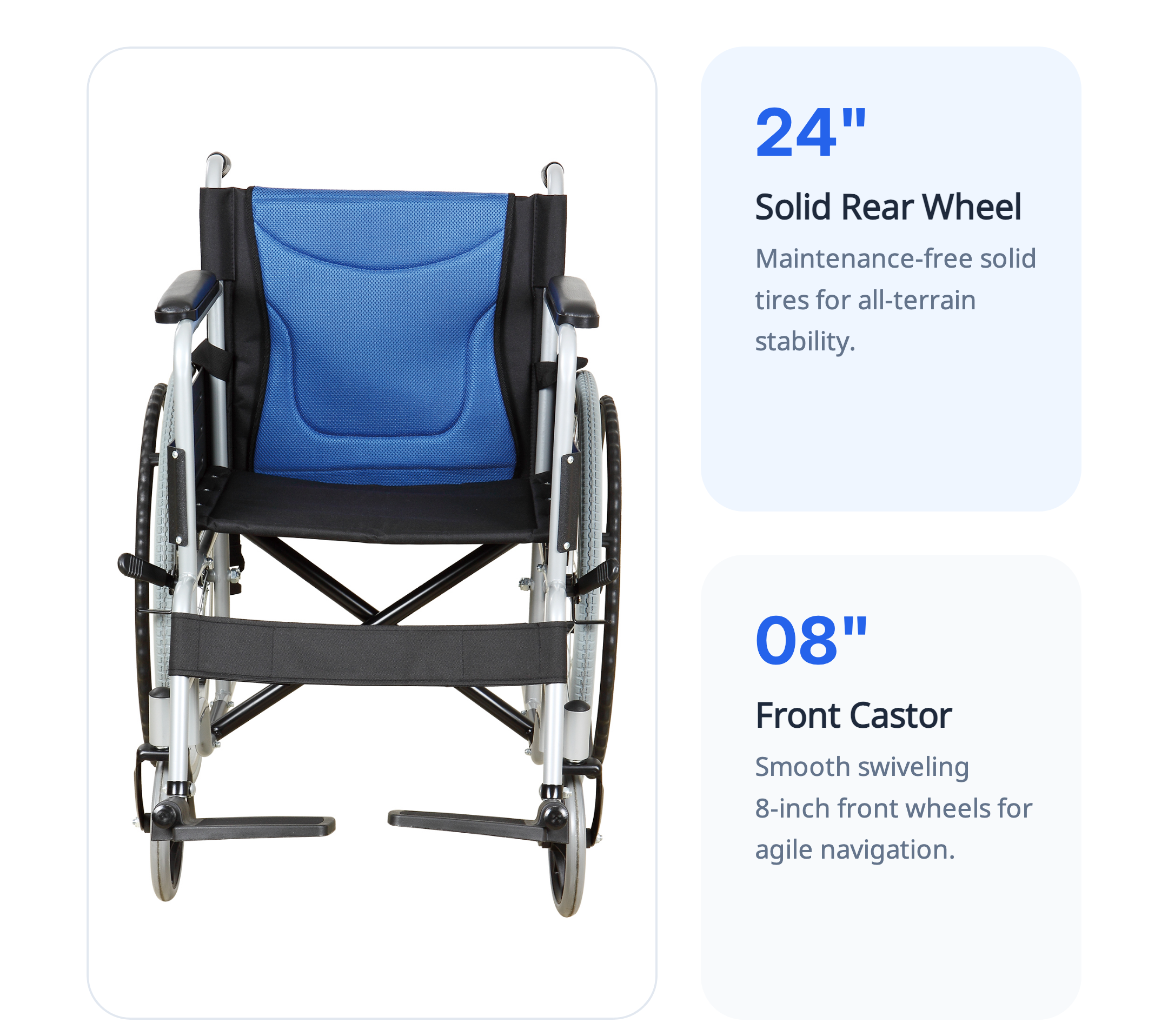 Solides 24-Zoll-Hinterrad, 8-Zoll-Laufrolle vorne BME 4611 Economy-Stahlrollstuhl, 