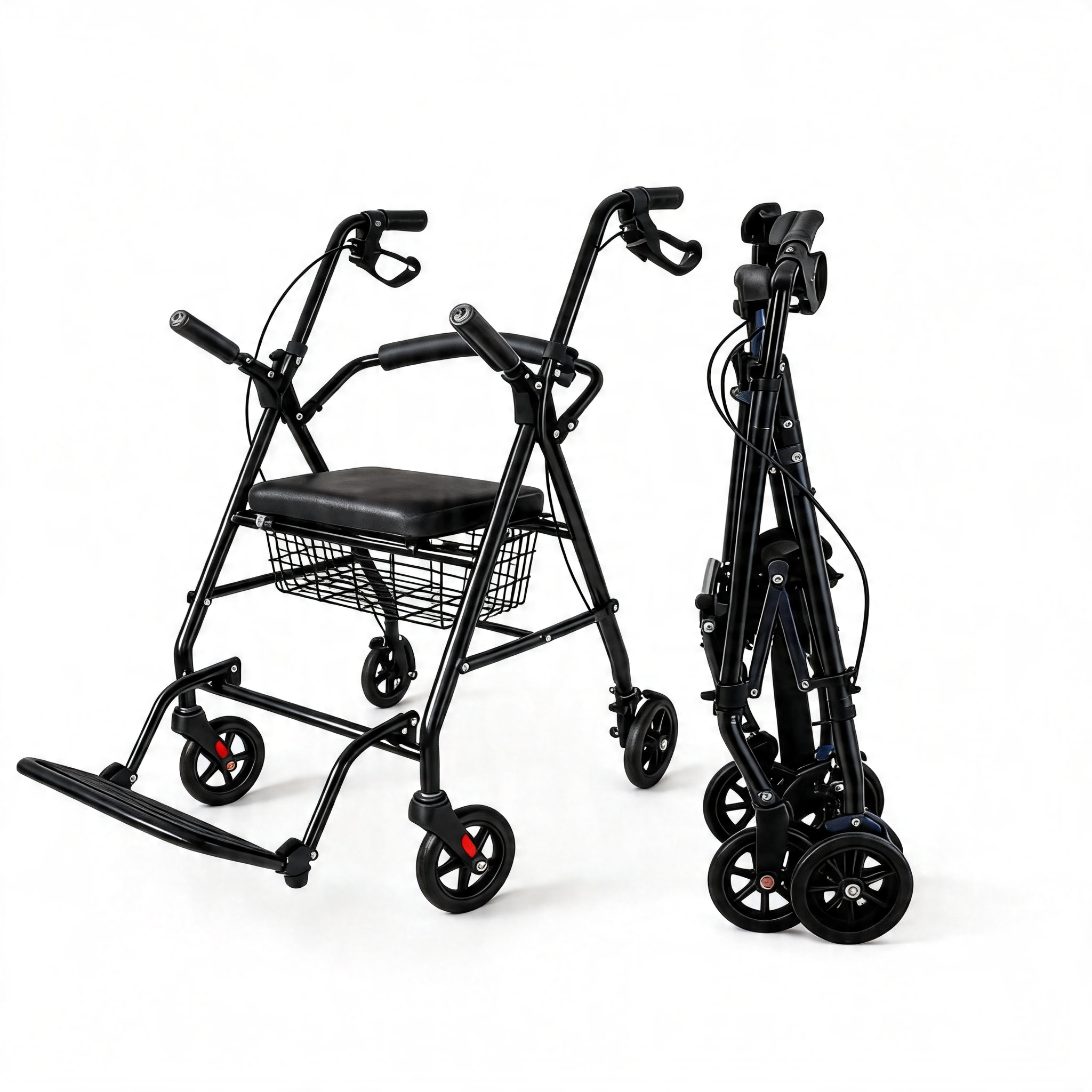 BME885 2-in-1 faltbarer Rollator und Transportstuhl mit gepolstertem Sitz und klappbarer Fußstütze
