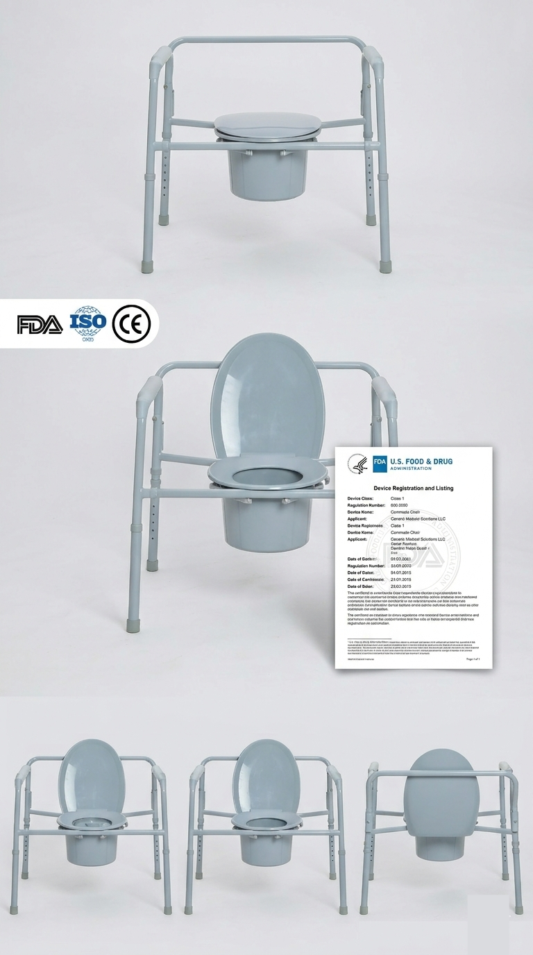 Von der FDA registrierter, zusammenklappbarer Toilettenstuhl f&uuml;r die bariatrische Behandlung mit robustem Stahlrahmen, der bis zu 650 Pfund tr&auml;gt. Zertifiziert f&uuml;r US-amerikanische M&auml;rkte f&uuml;r medizinische Ger&auml;te (DME), konform mit HCPCS-Code E0168.