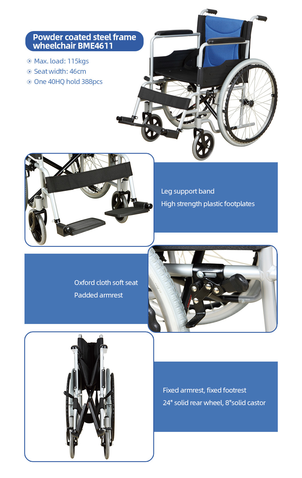 Details zum pulverbeschichteten Stahlrahmen-Rollstuhl BME4611