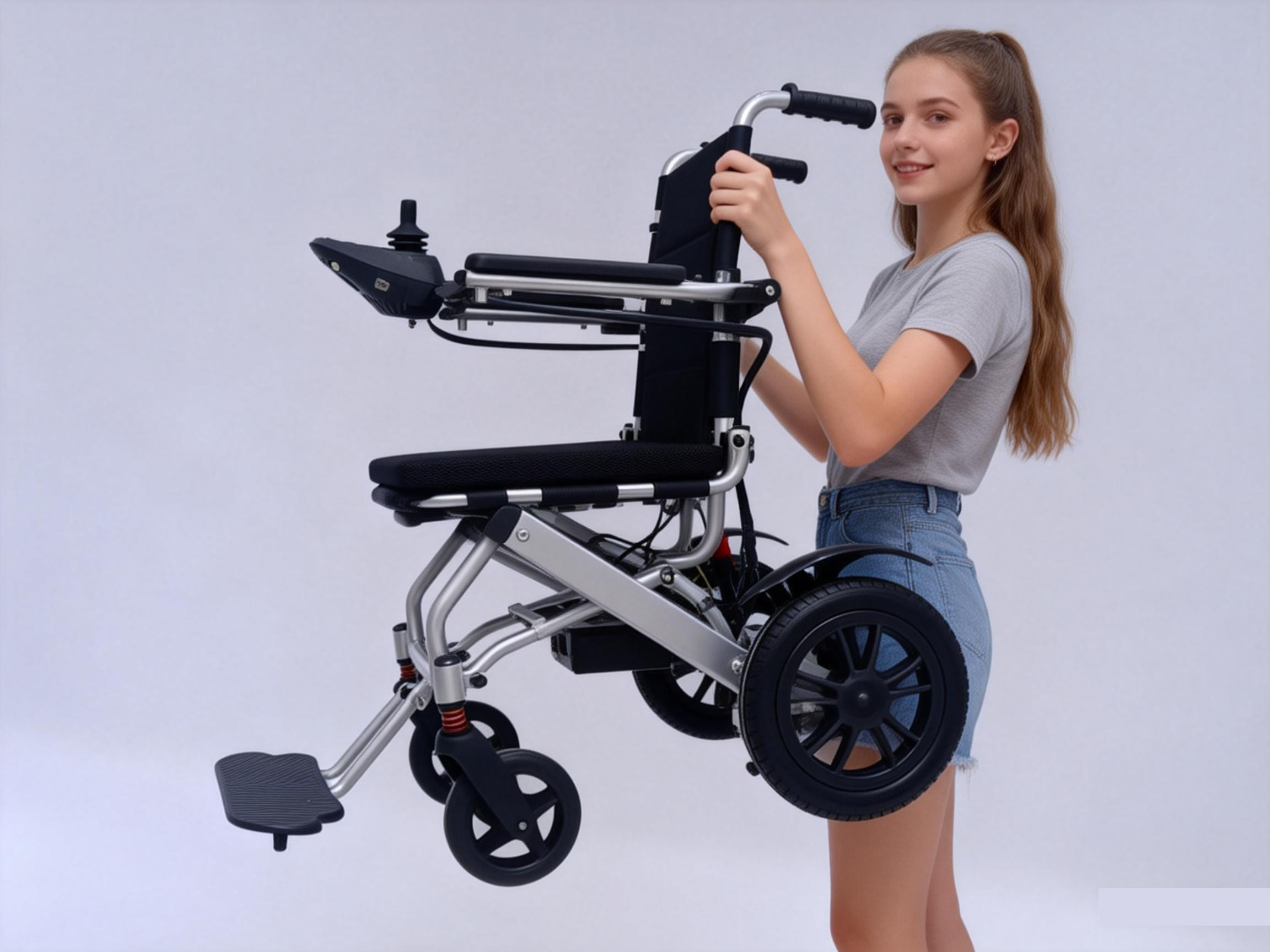 Junge Frau hebt den ultraleichten Elektrorollstuhl leicht an. 17-kg-Aluminiumdesign. 