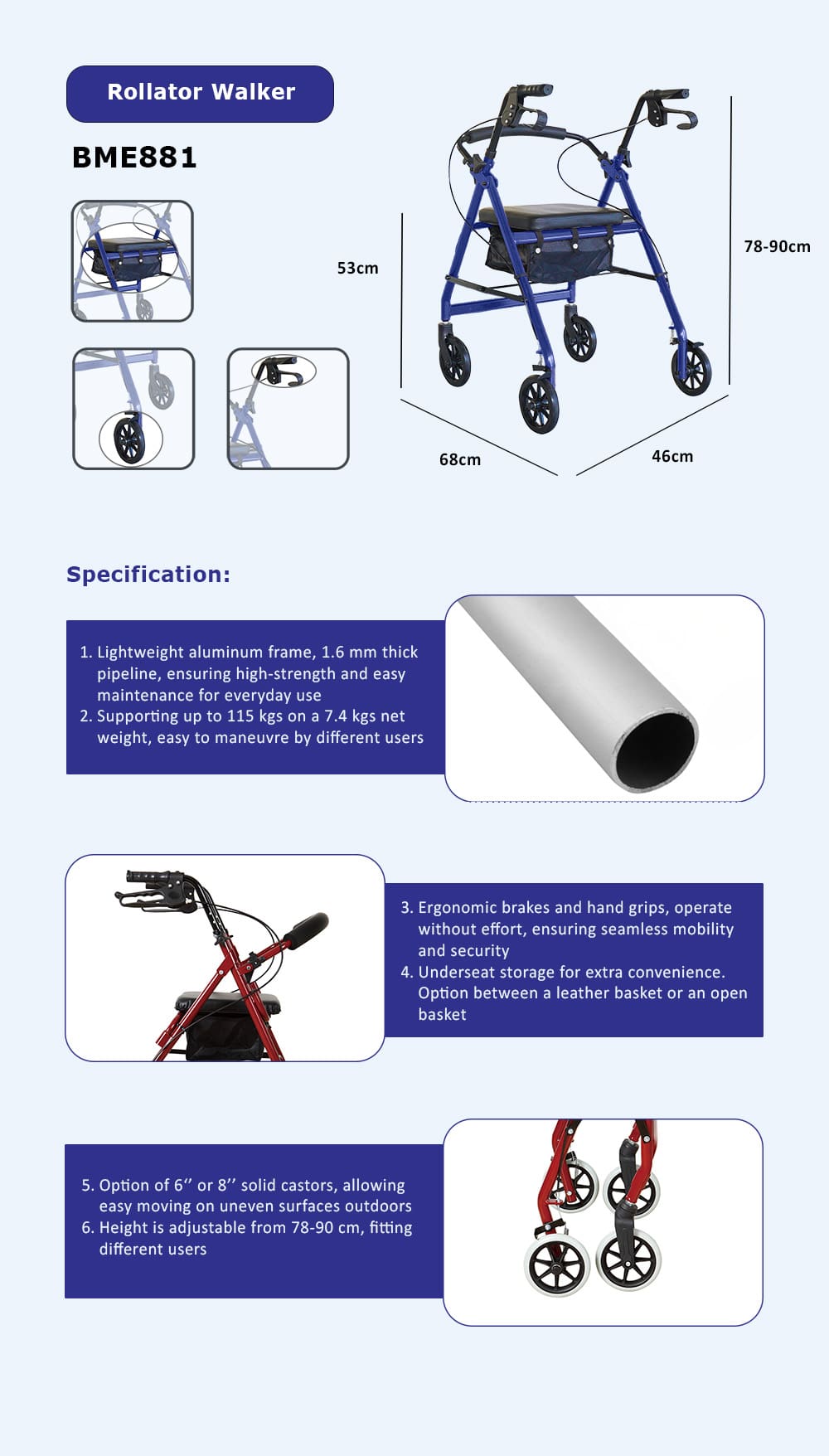 Spezifikation des Rollator-Gehgestells BME881