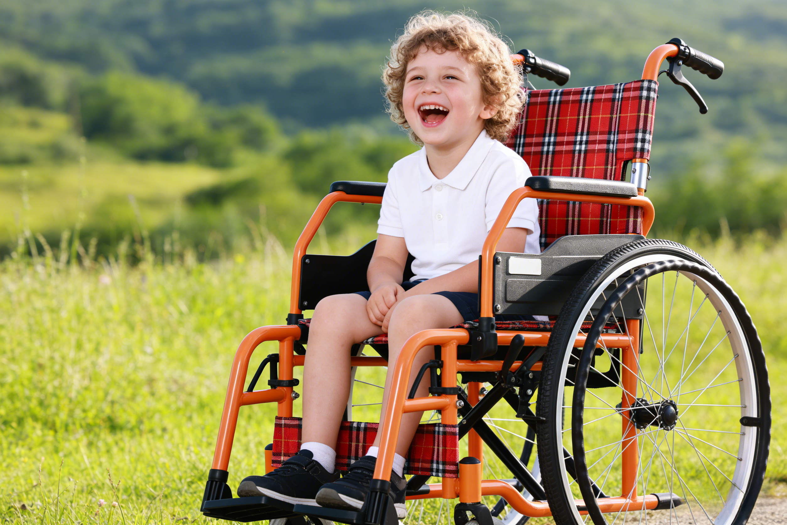 Zufriedenes Kind im Kinderrollstuhl von Brother Medical, im Freien