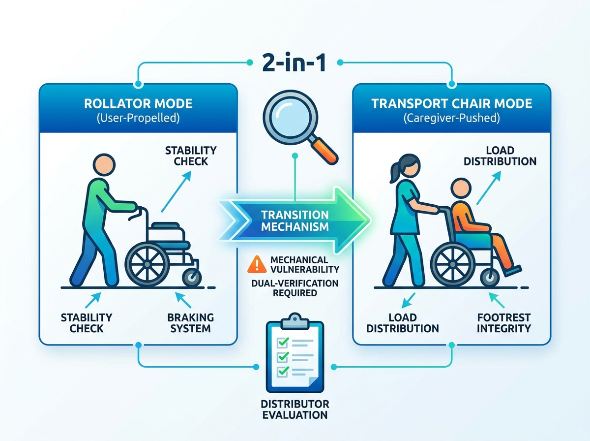 Ein Fachmann beurteilt einen Rollator-Transportstuhl in einer klinischen Umgebung